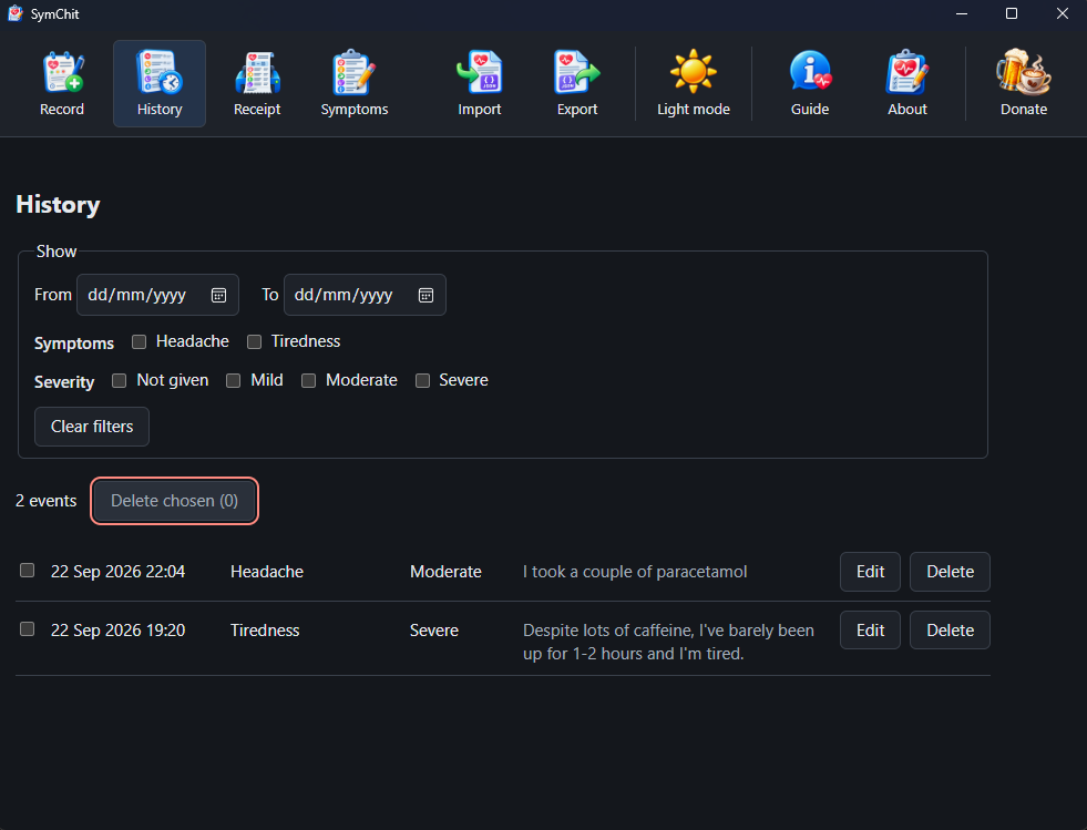 The history list with two recorded events, above filters for dates, symptoms and severity.