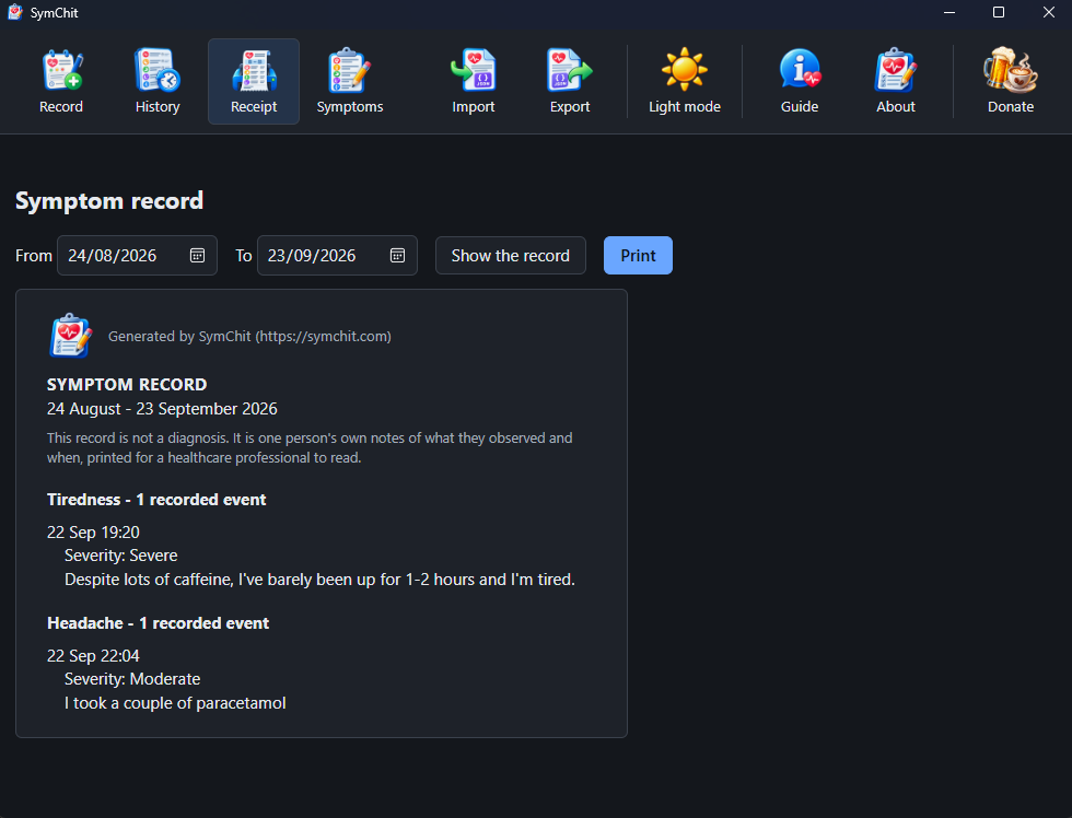 The printable symptom record, listing each symptom with its events, severities and notes.